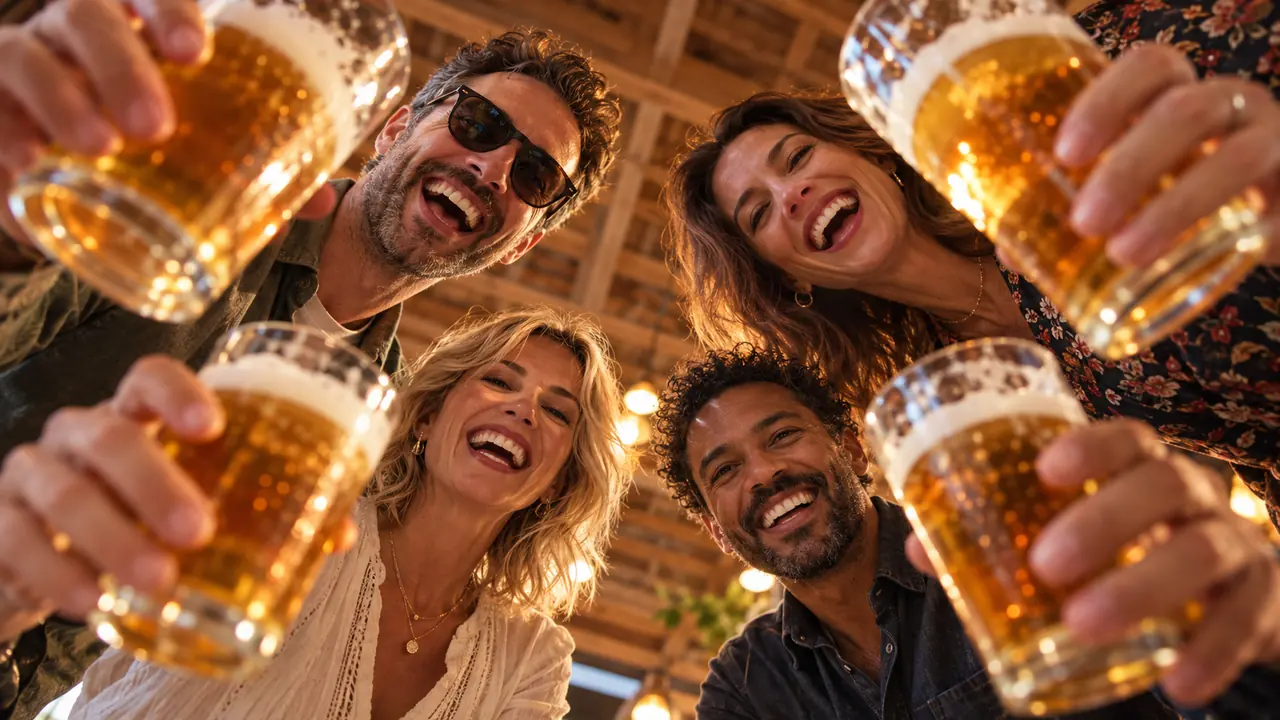 Image d’ambiance : des amis trinquent avec des verres de bière.